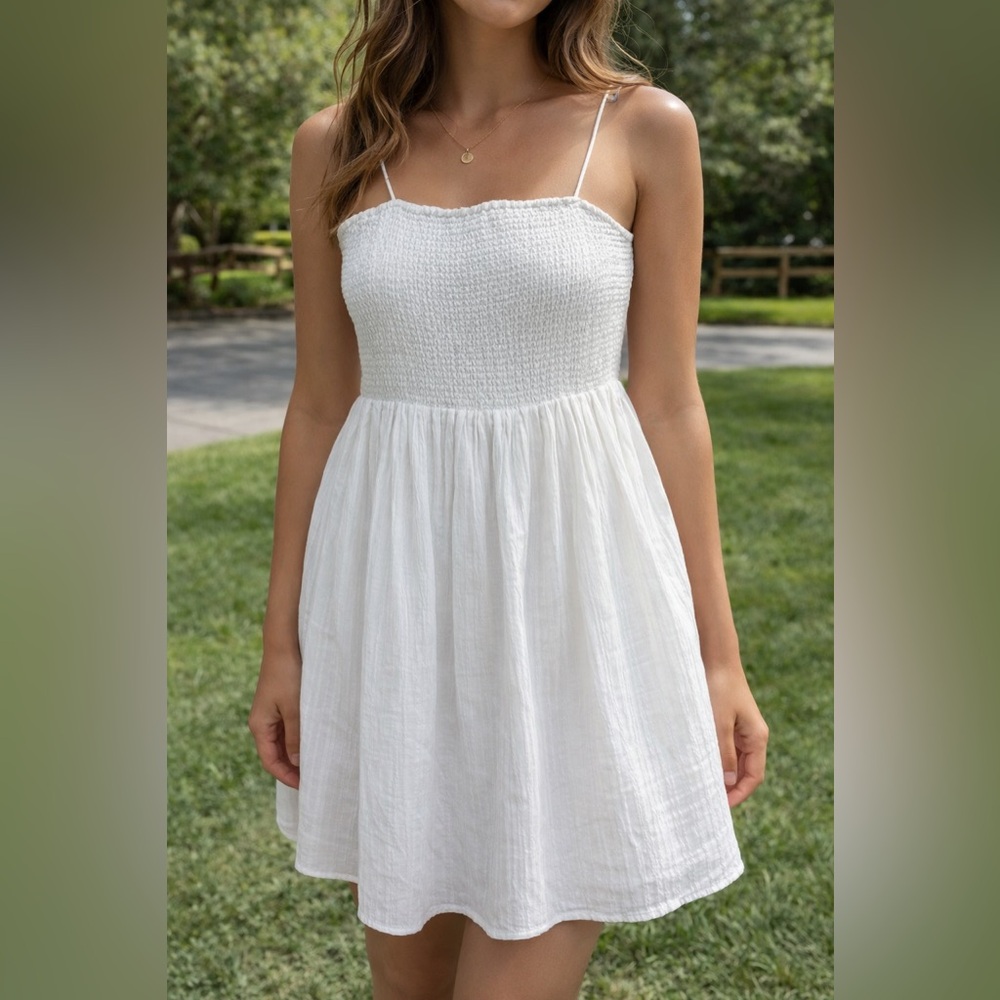 White Smocked Bodice Spaghetti Strap Dress